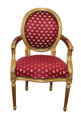 French style medallion back upholstered arm chair, has some gilt loss approx. 24" w x 24" d x