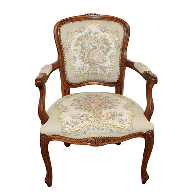 French style mahogany frame needlepoint style arm chair approx. 26" w x 24" d x 36" h seat
