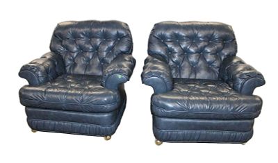 Pair of Vintage blue leather style button tuft club chairs by Bench Craft approx. 40" w x 40" d