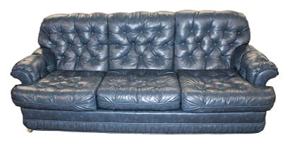 Vintage blue leather style button tuft sofa by Bench Craft approx. 90" w x 40" d x 34" h seat