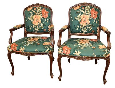 Pair of Ethan Allen French style mahogany frame arm chairs approx. 28" w x 24" d x 40" h seat