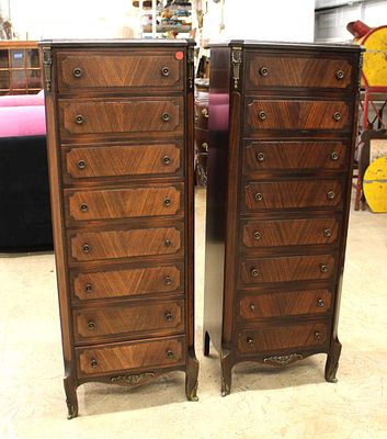 Pair of semi antique rosewood and Honduras mahogany 8 drawer lingerie chests with applied