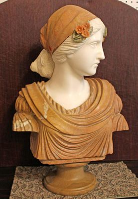 Italian carved quad color marble bust of Renaissance woman approx. 17" w x 10" d x 26" h