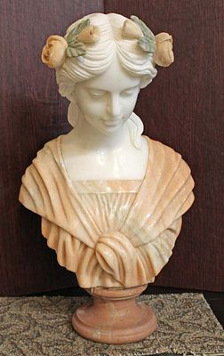 Italian carved quad color marble bust of Renaissance woman approx. 12" w x 7" d x 21" h