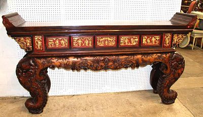 Antique style solid mahogany highly carved & ornate Asian buffet with side drawers possible Maitland