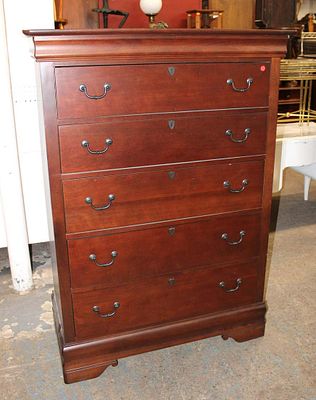 Contemporary mahogany finish 5 drawer high chest approx. 40" w x 19" d x 55" h
