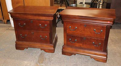 Pair contemporary mahogany finish 2 drawer nightstands. Pair of contemporary mahogany finish 2