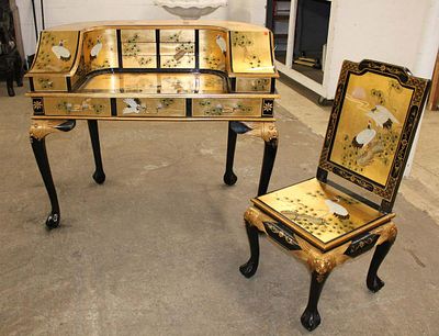 2pc Carlton style desk and chair in the Asian black and gold decoration approx. Desk: 48" w x