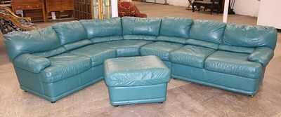 Vintage leather 5pc sectional sofa in the seafoam blue and green, has rub marks on back edges