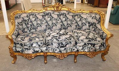 Highly carved French style parlor sofa in the gold frame approx. 80" w x 38" d x 40" h seat