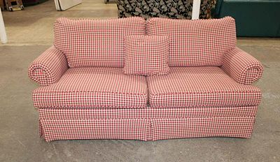 Country style 2 cushion pink plaid sofa with deco pillow. Country style 2 cushion pink plaid
