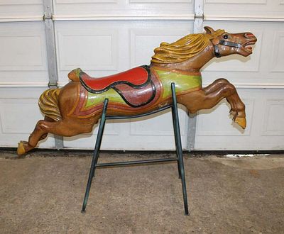 Antique W. Parker carousel horse on custom made iron stand with original paint and horseshoes