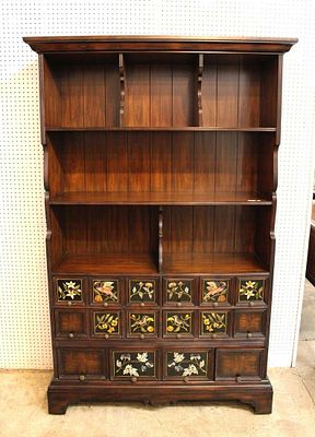 Maitland Smith bird and flower decorated 7 drawer open front cupboard in the solid mahogany