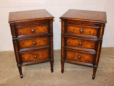 Pair of burl walnut Theodore Alexander style 3 drawer bedside chests with leather top pull out