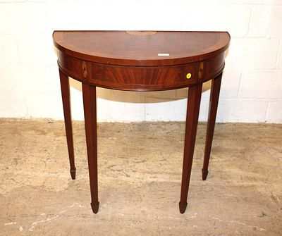 Hekman burl mahogany sunburst inlay top spade foot Demilune console table approx. 30" w x 15" d