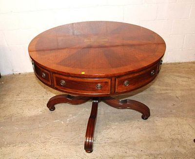 Beautiful 42" diameter burl walnut and oak secondary's center/rent table with 4 drawers in the