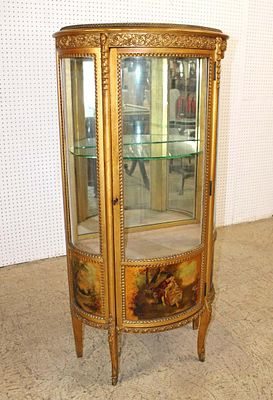 Antique Vernis Martin Style French mirror back paint decorated curio, has paint loss on top