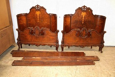 Beautiful pair of antique burl walnut with exotic wood inlay French style twin size bed with 