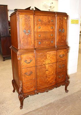 Antique burl walnut carved high chest. Antique burl walnut with exotic wood inlay French style 