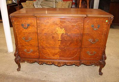 Antique burl walnut carved low chest. Antique burl walnut with exotic wood inlay French style 