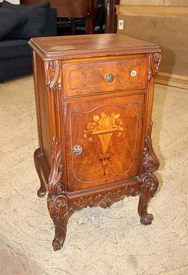 Antique burl walnut carved nightstand. Antique burl walnut with exotic wood inlay French style 1 