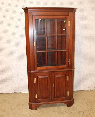 Henkel Harris solid cherry 9 pane corner cabinet w/key. Henkel Harris solid cherry 9 pane corner 