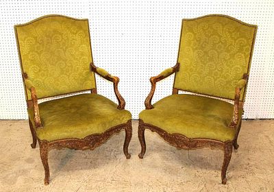 Pair of antique highly carved French style arm chairs approx. 29" w x 23" d x 43" h seat height 17"
