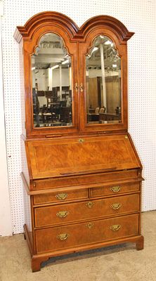 Century 2pc banded burl walnut secretary w/bookcase top. Century 2pc banded burl walnut 