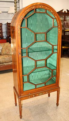 Antique Adams paint decorated satin wood display case with individual pane glass and original 