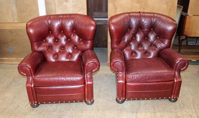 PR Ethan Allen leather and tacked reclining club chairs. Pair of Ethan Allen button tufted and 