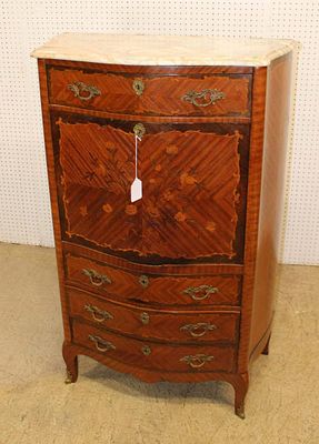 Antique French style Marble top fall front desk. Antique French style walnut marble top fall 