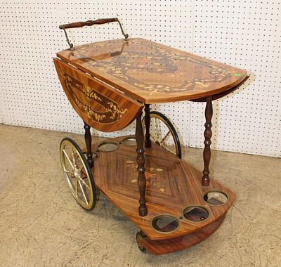 Italian rosewood inlay drop side serving cart on wheels approx. 18" w x 30" d x 30" h opens to 