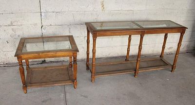 2pc vintage walnut glass top lamp/console table. 2pc vintage walnut glass top lamp and console
