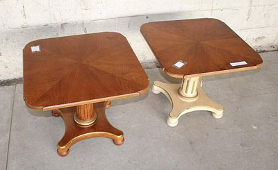 Pair natural walnut top lamp tables. Pair of natural walnut top lamp tables approx. 22" w x 22"