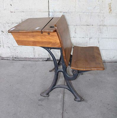 Vintage school desk on metal legs approx. 24" w x 39" d x 30" h Condition: message or call with