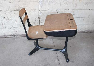 Vintage school desk on metal legs approx. 24" w x 33" d x 30" h Condition: message or call with