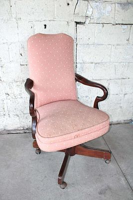 Mahogany frame pink upholstered office chair approx. 28" w x 24" d x 44" h seat height 18"