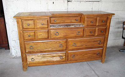 Contemporary oak 10 drawer marble insert dresser by Broyhill, finish issues and missing some