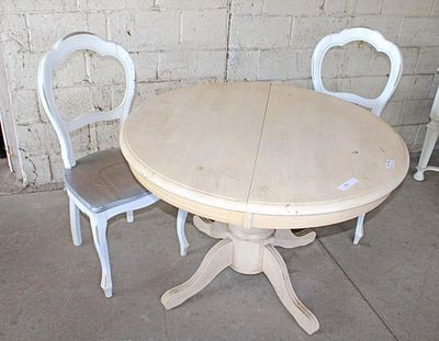 3pc lot of table and 2 chairs approx. Table: 42" diameter x 30" h Chairs: 19" w x 19" d x 40" h
