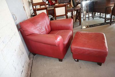 2pc Natuzzi red leather club chair and ottoman. 2pc Natuzzi made in Italy red leather club chair