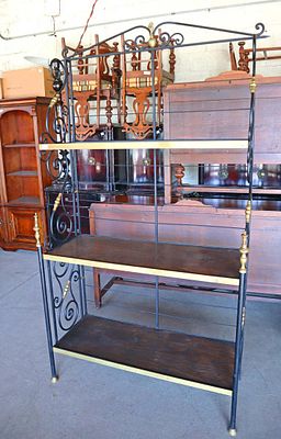 Vintage iron and brass 3 tier bakers rack with oak shelves, 1 leg is loose approx. 45" w x 19"