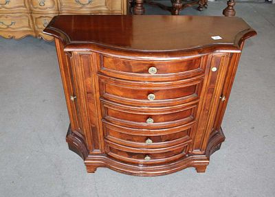 Burl mahogany/cherry console table. Burl mahogany and cherry 5 drawer 2 door console table