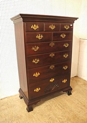 Statton solid mahogany shell carved high chest. Statton solid mahogany shell carved 9 drawer