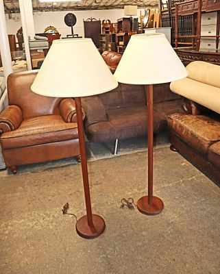 PR MCM Teak pole lamps with shades. Pair of mid century modern teak pole lamps with shades
