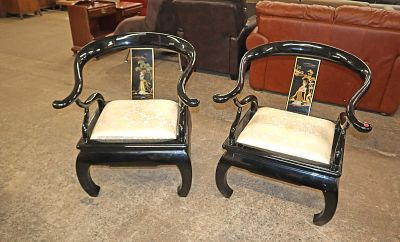 PR black lacquer Asian decorated arm chairs. Pair of black lacquer Asian decorated arm chairs
