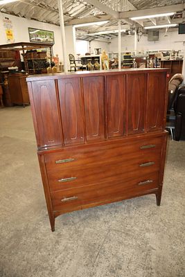 MCM walnut fitted interior high chest. Mid century modern walnut fitted interior 2 door 3 drawer
