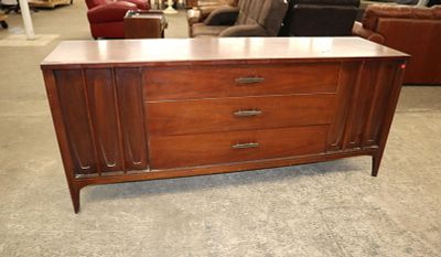 Mid century modern walnut low chest sold by Genova Furniture of Brooklyn NY approx. 72" w x 20"
