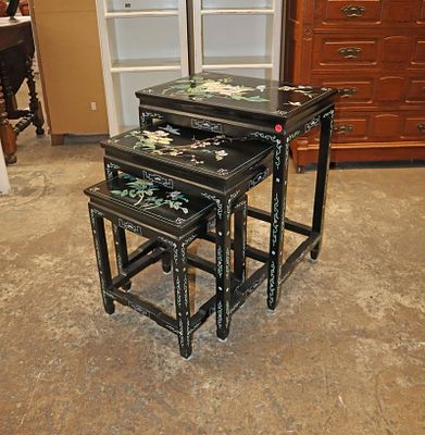Nice set of 3 Asian decorated nesting tables approx. 21" w x 15" d x 25" h graduating down
