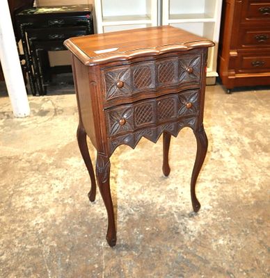 Semi antique French style carved walnut stand. Semi antique French style carved walnut 2 drawer