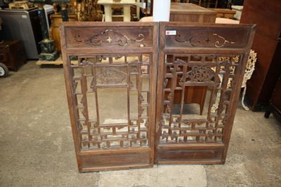 PR antique Asian hand carved wood window covers. Pair of antique Asian hand carved wooden window